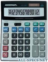 Assistant ac-2381 калькулятор 12-разр., двойное питание, двойная память, металл. панель, разм.206x155x35 мм 220864